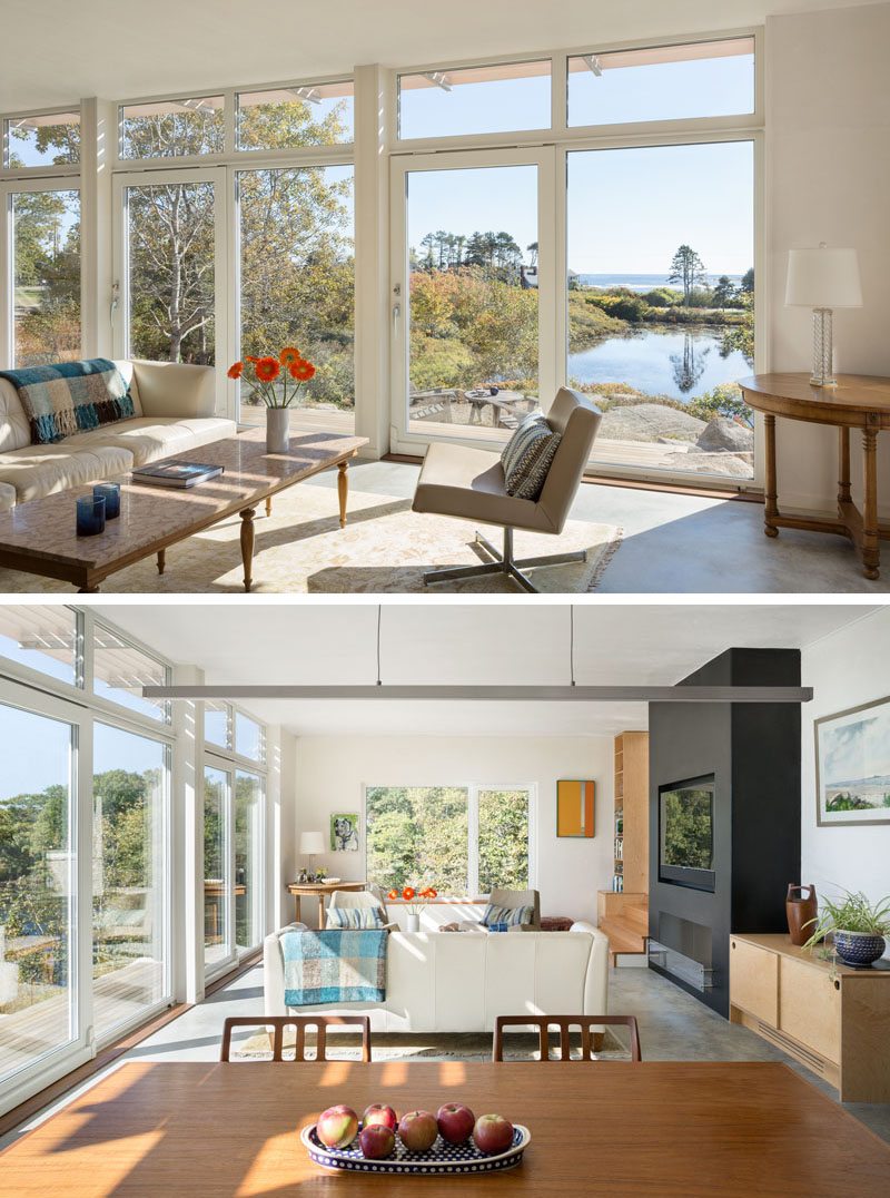 The open-plan living, dining, and kitchen space invites light and sweeping views of the lily pond and Atlantic horizon.