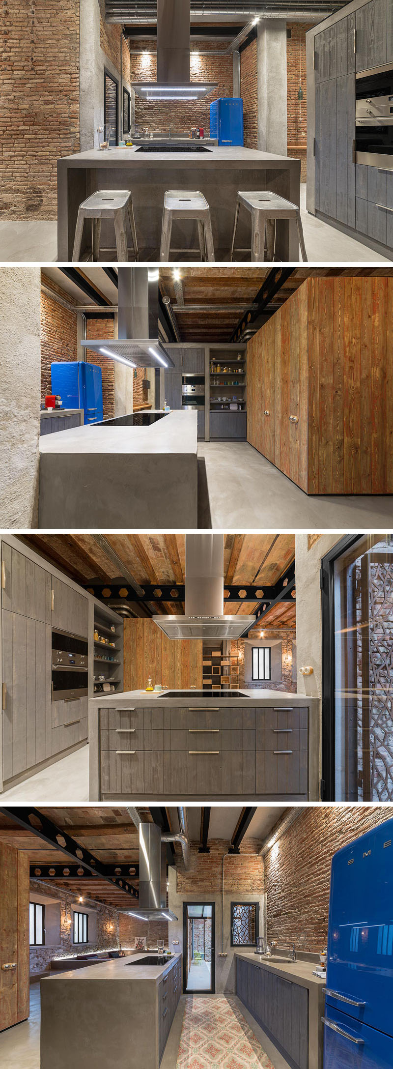A central kitchen island anchors the space, where light gray wood and concrete finishes bring a contemporary feel to the historic workshop.