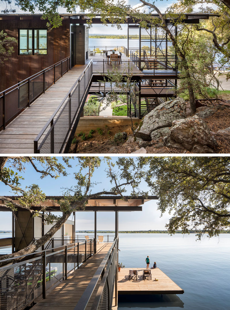A lake house near Marble Falls with elevated living spaces that capture sweeping views of the water and treetops.