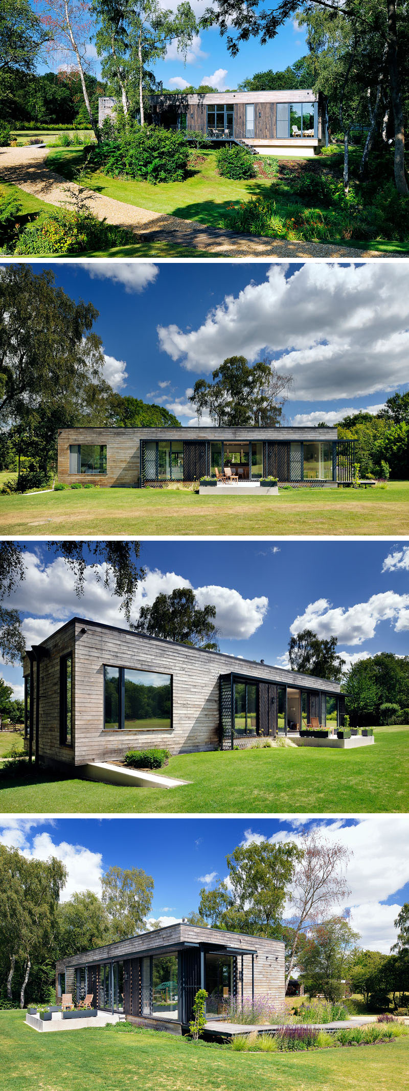 The exterior of this modern mobile home is wrapped in dark-stained sweet chestnut wood that gives it a sleek, grounded appearance.
