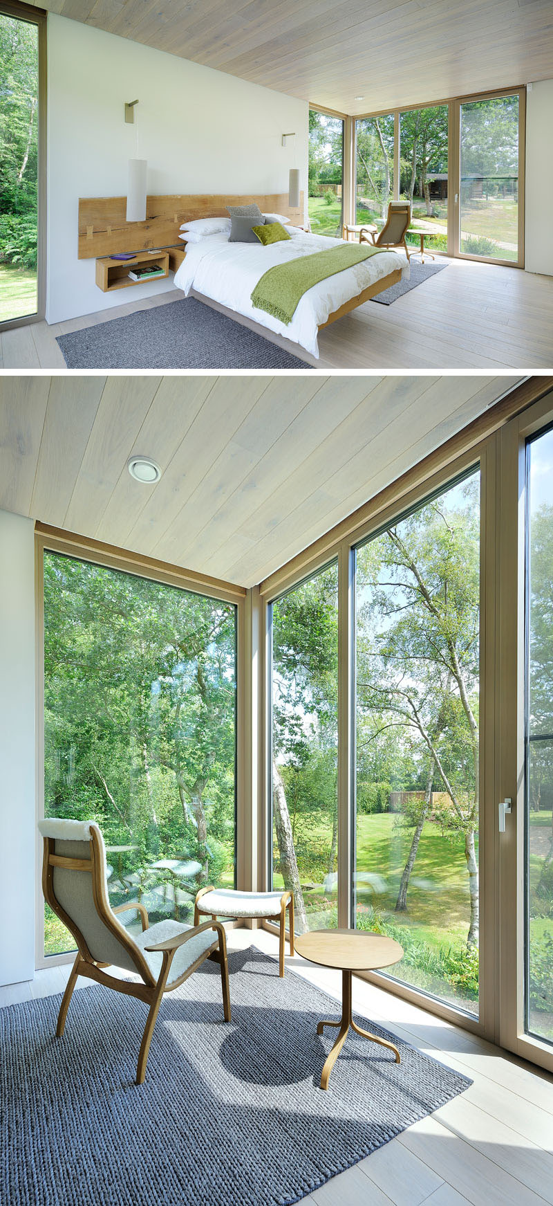 In this modern bedroom, a floating bed emphasizes the light and airy feel of the space. A small table and chair are positioned to face the scenery, offering a calming spot to pause and take in the views. Every detail is arranged to keep the outdoors within sight.