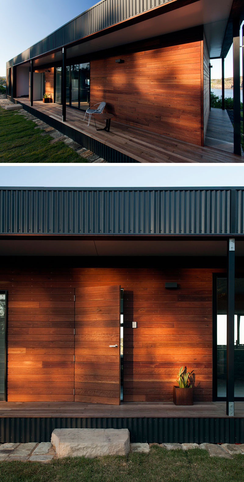 A modern 2 bedroom prefab house with a green roof and wraparound deck.