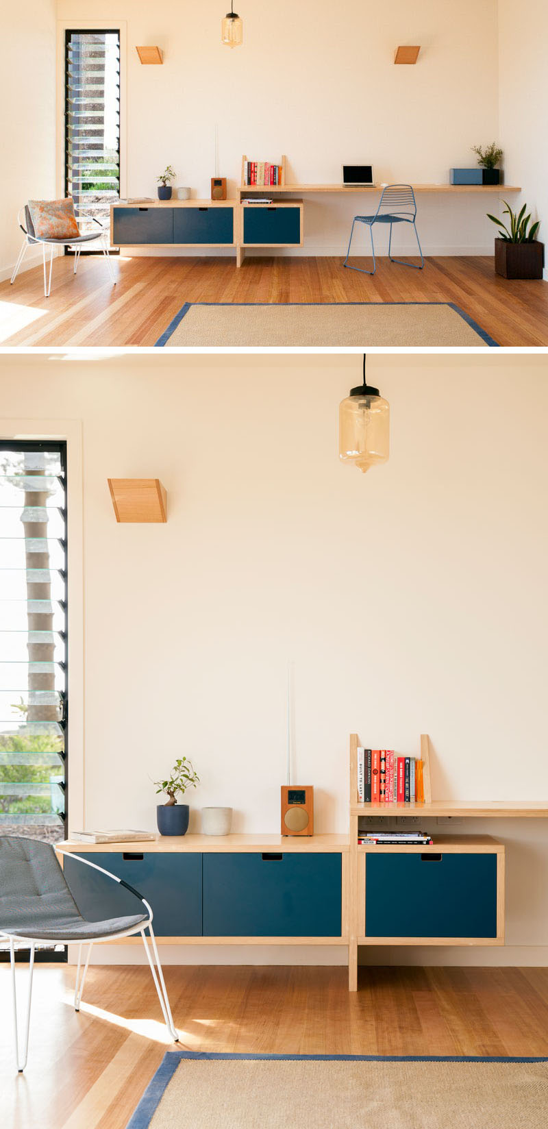 This minimalist living room is anchored by custom cabinetry that blends shelving, storage, and a built-in desk, offering both function and style.