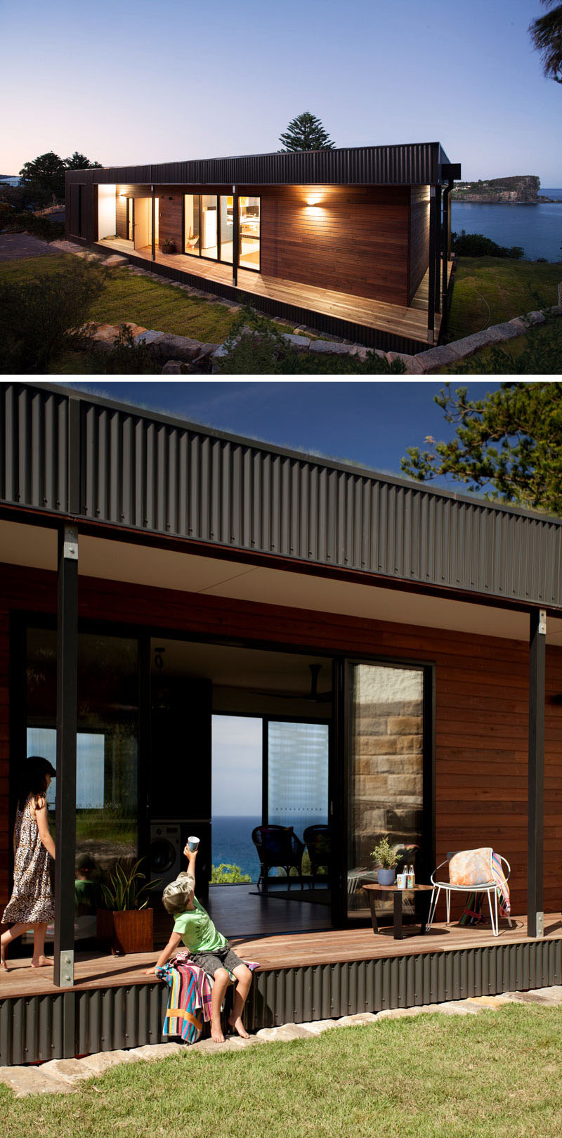 A modern 2 bedroom prefab house with a green roof and wraparound deck.