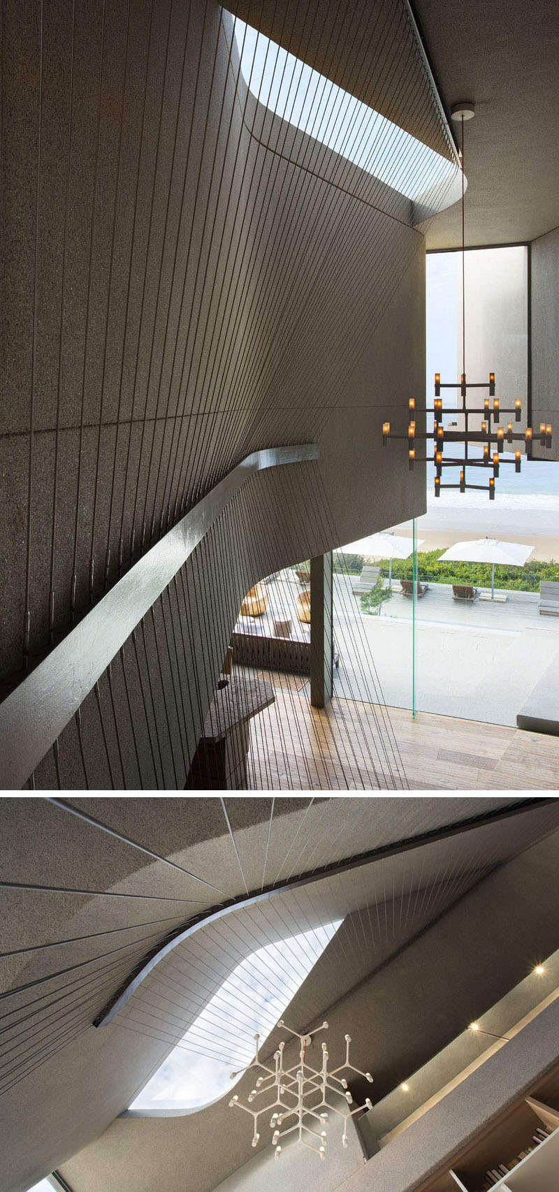 A custom bookshelf and cable railing detail give the staircase openness while adding subtle architectural interest.