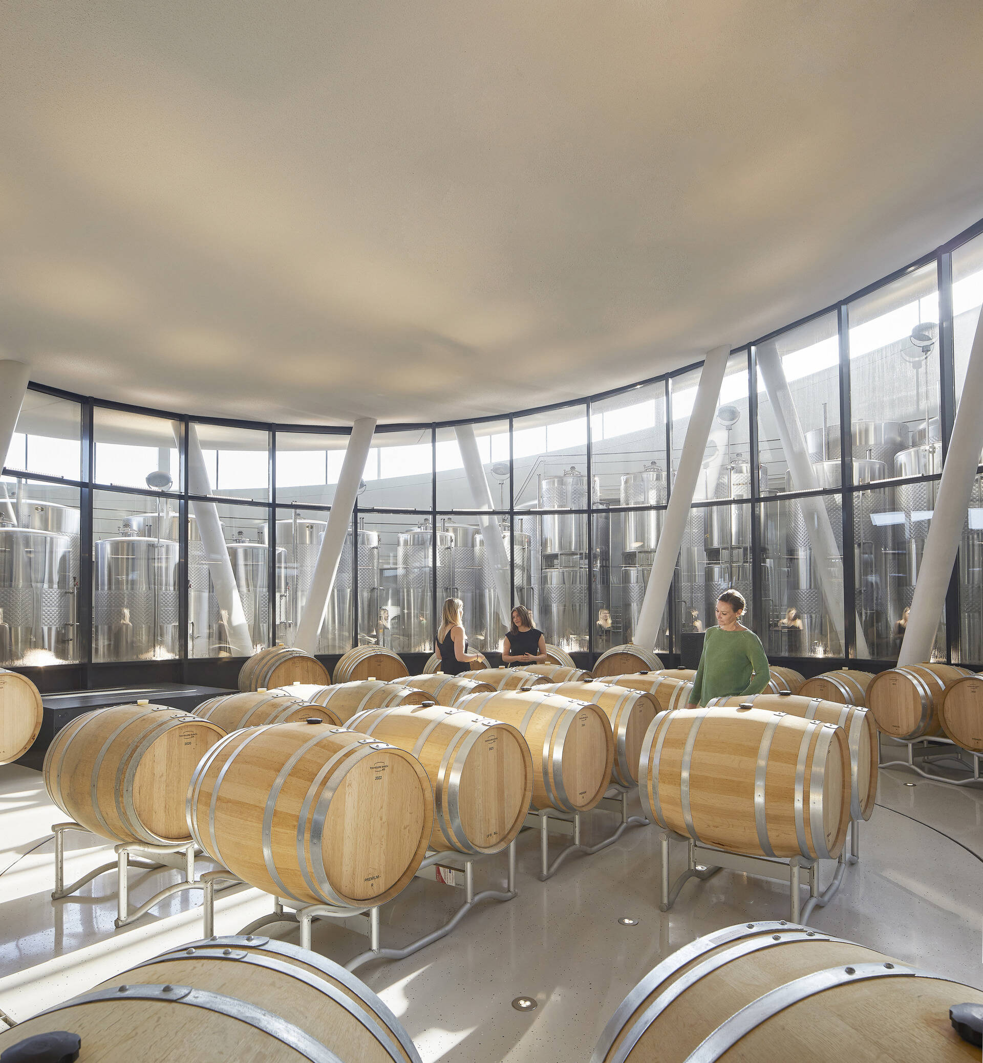 Underground fermentation, bottling, and storage areas ensure efficient winemaking, with a sleek, metallic aesthetic contrasting the warm, inviting visitor spaces above.