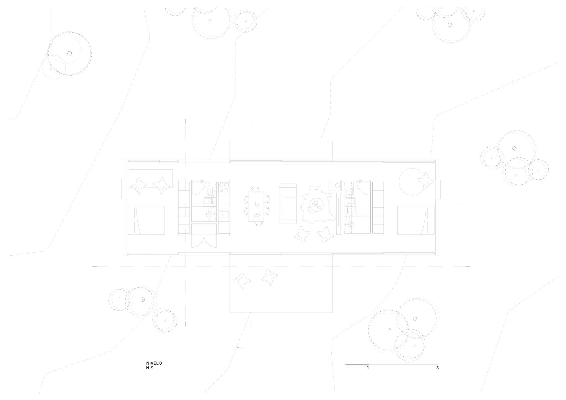 Architectural drawing for a small modern forest home inspired by mid-century houses.