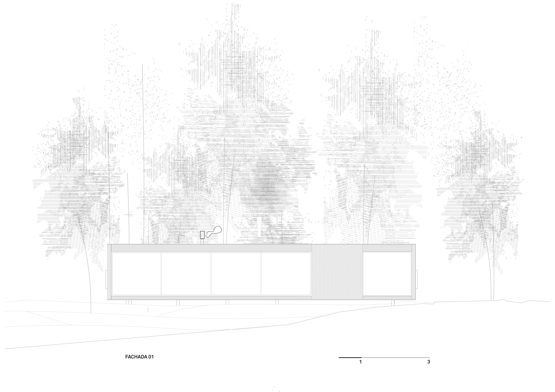 Architectural drawing for a small modern forest home inspired by mid-century houses.