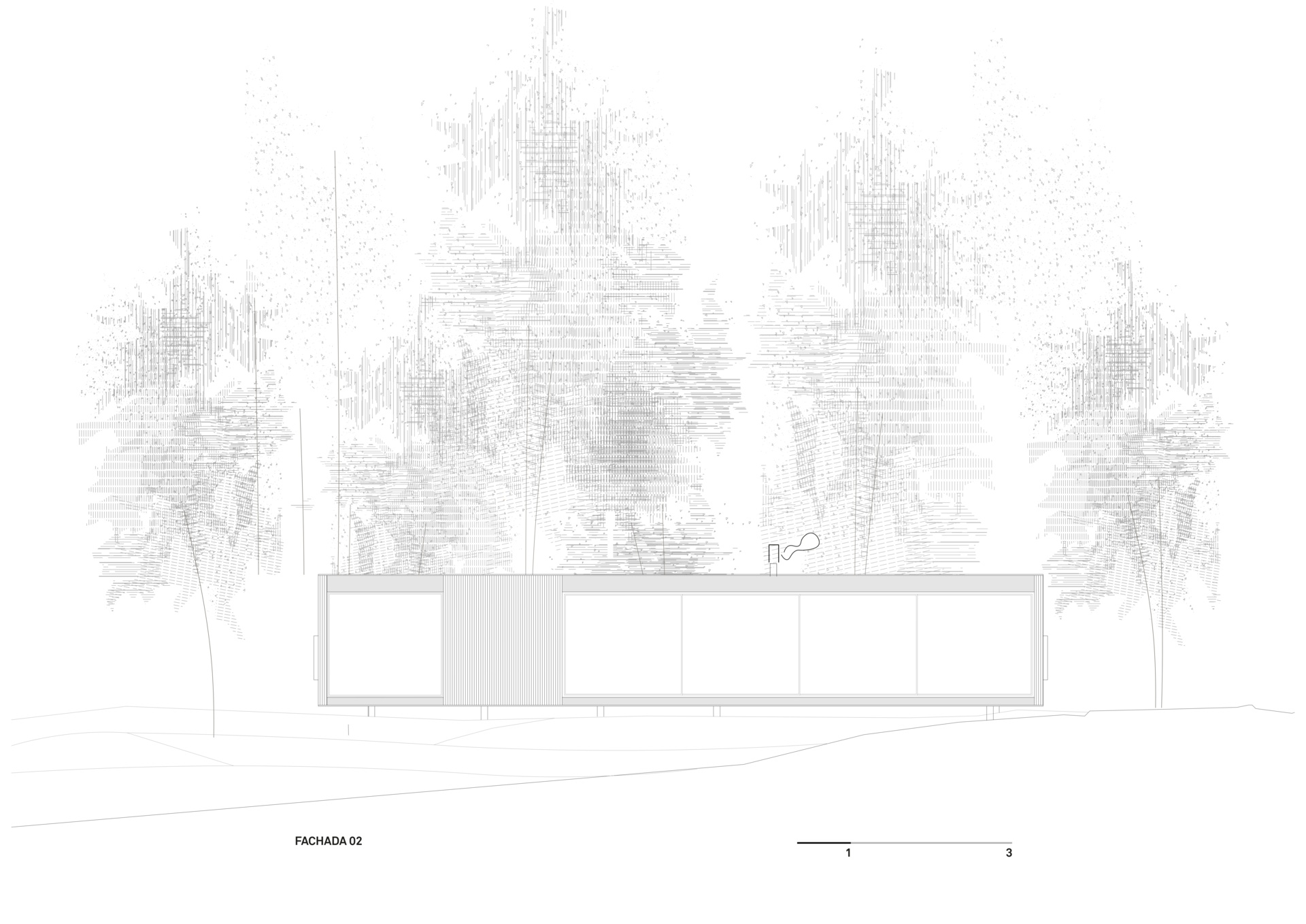 Architectural drawing for a small modern forest home inspired by mid-century houses.