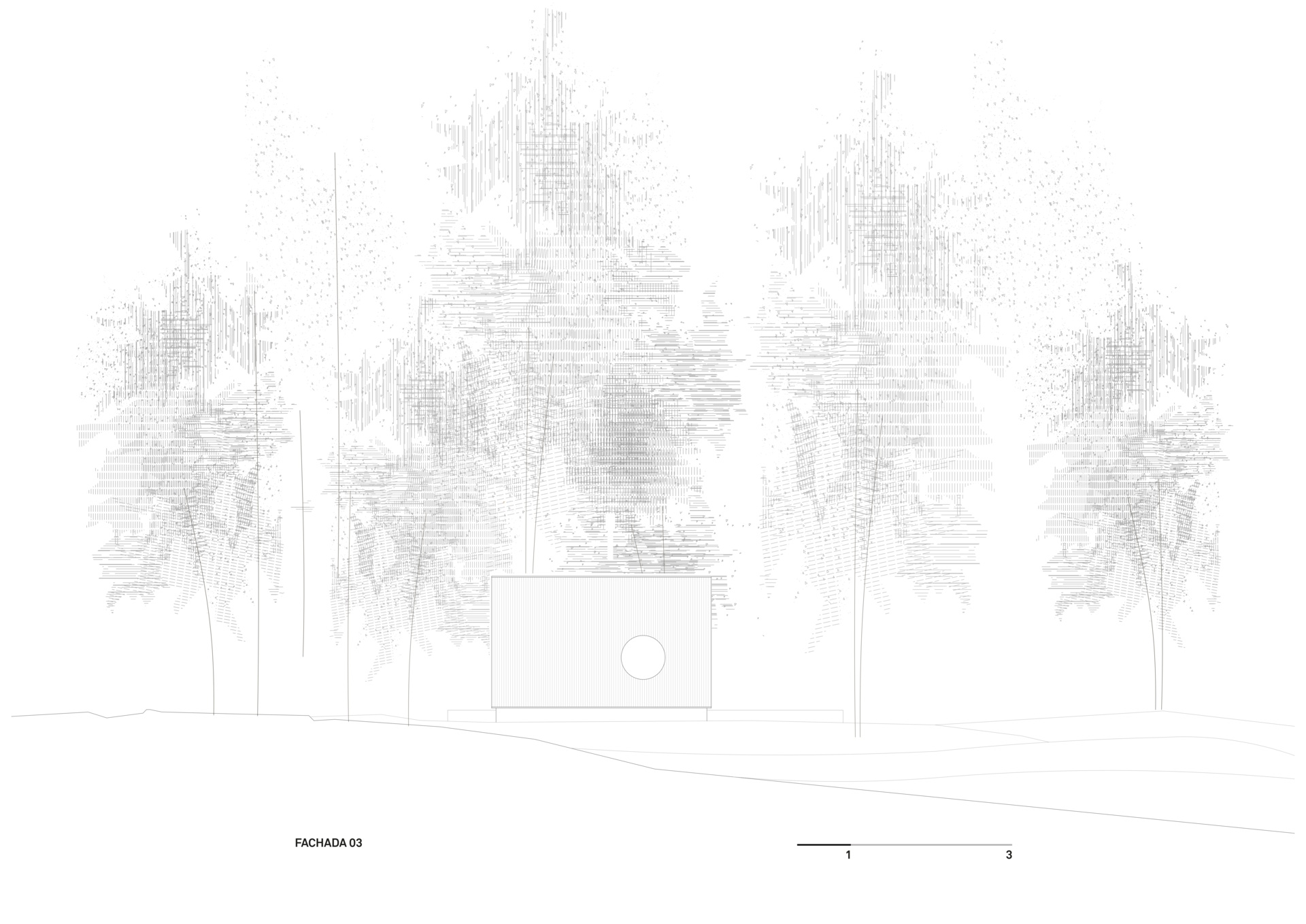 Architectural drawing for a small modern forest home inspired by mid-century houses.
