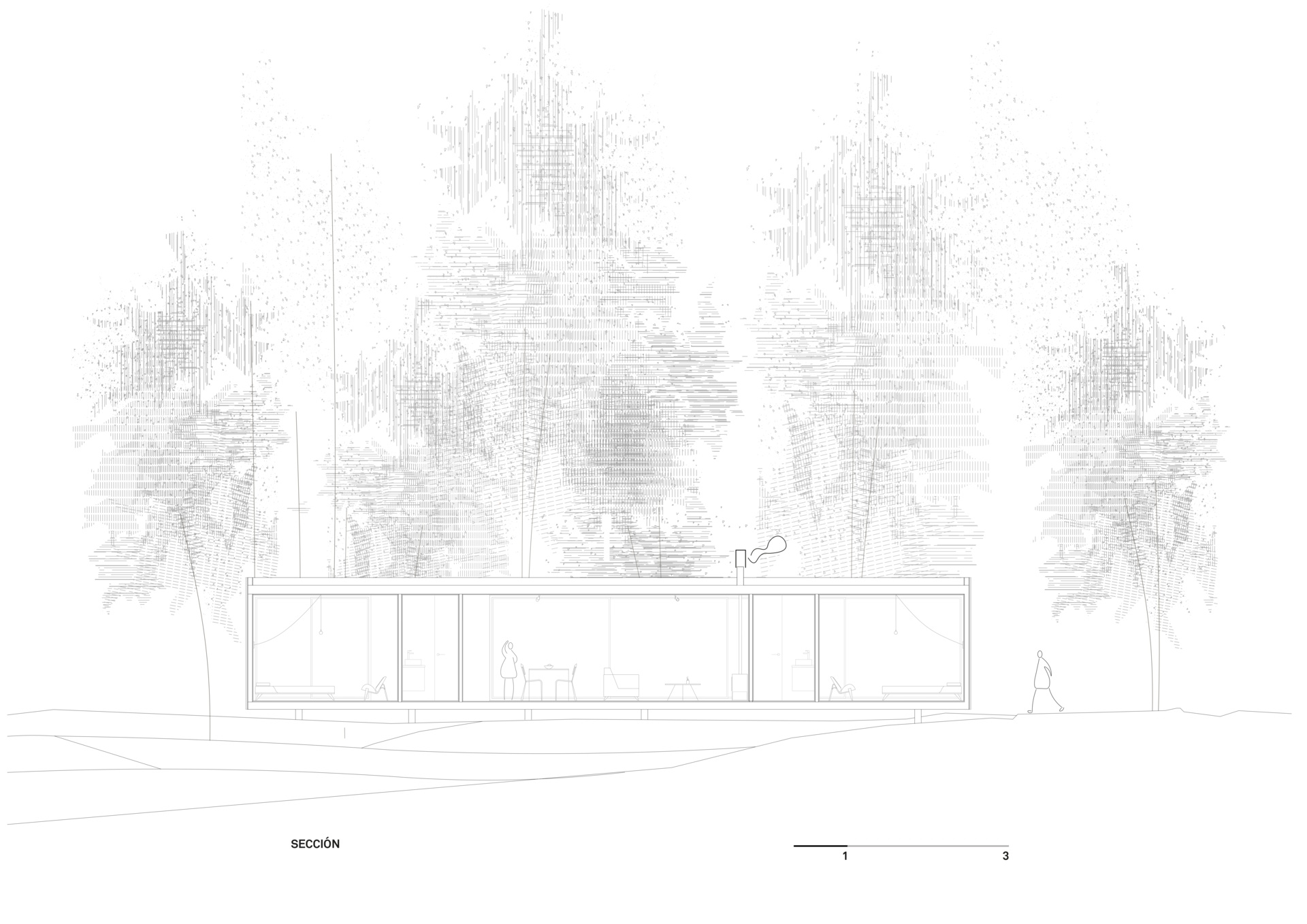 Architectural drawing for a small modern forest home inspired by mid-century houses.