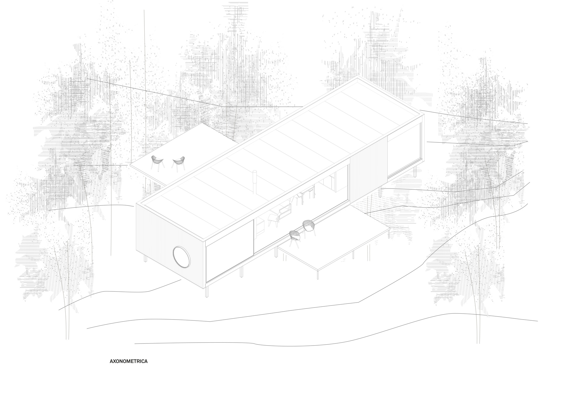 Architectural drawing for a small modern forest home inspired by mid-century houses.