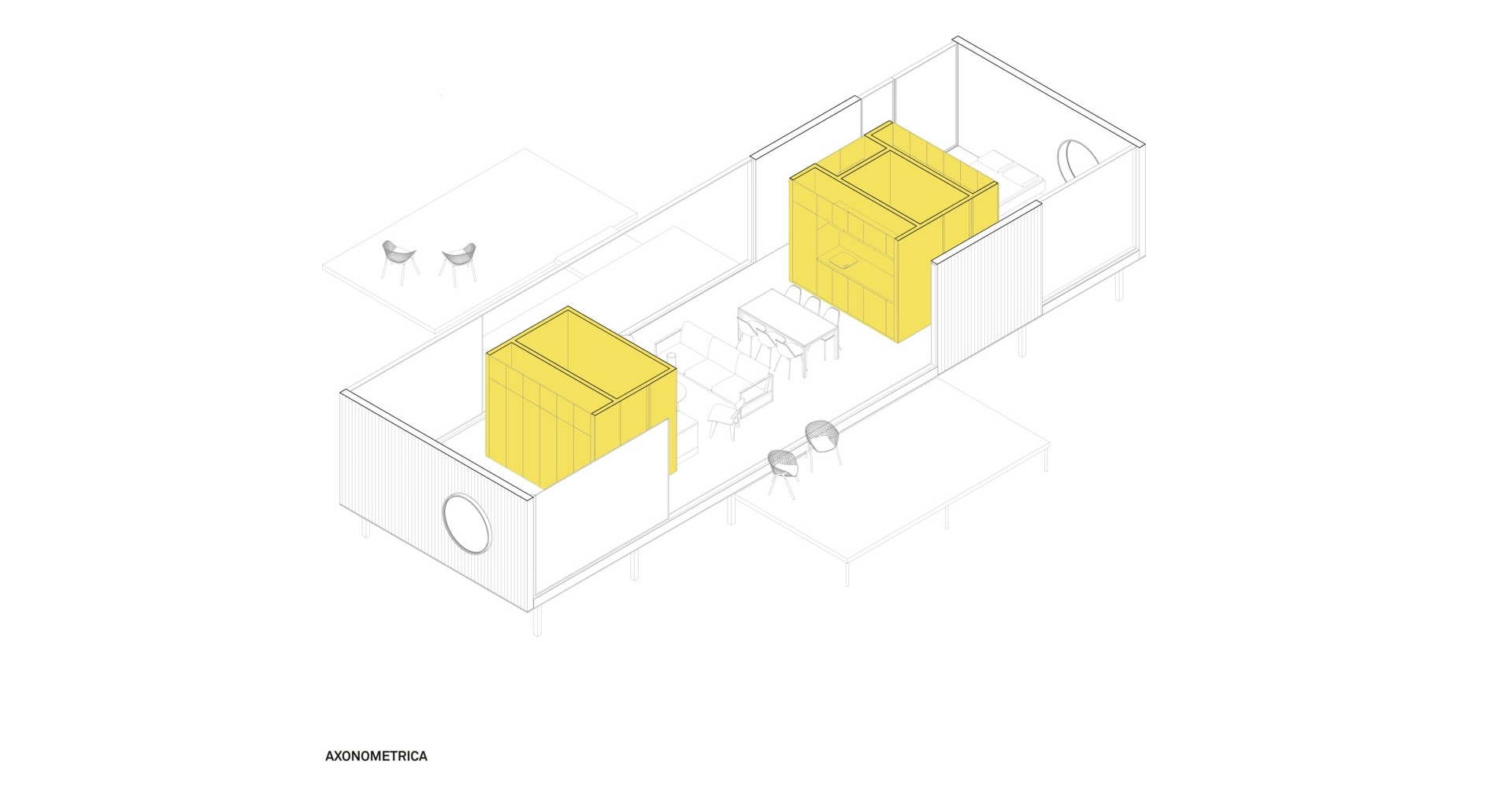 Architectural drawing for a small modern forest home inspired by mid-century houses.