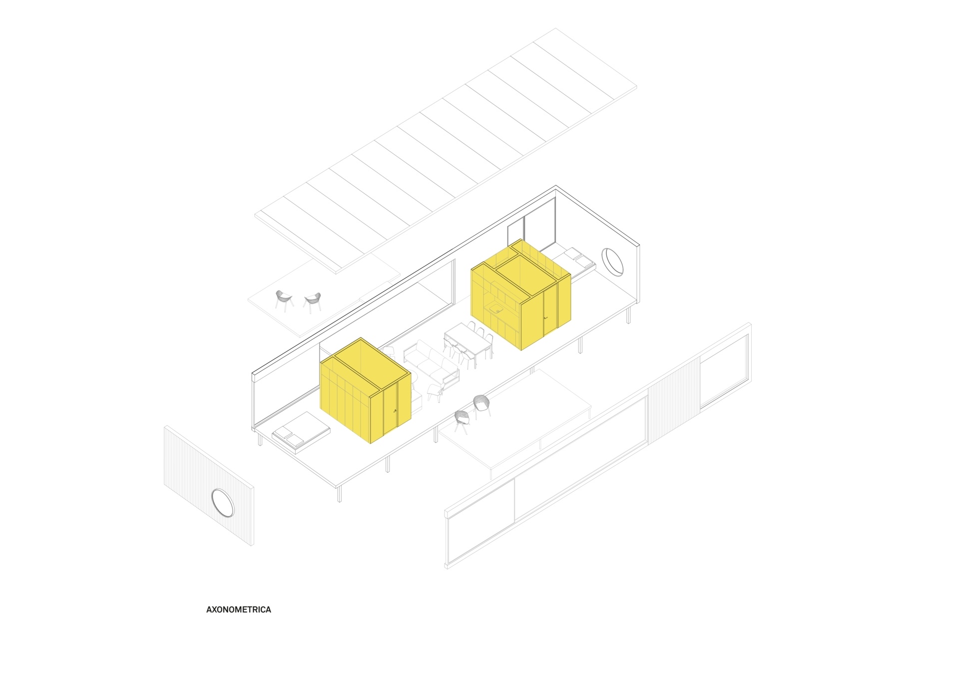 Architectural drawing for a small modern forest home inspired by mid-century houses.