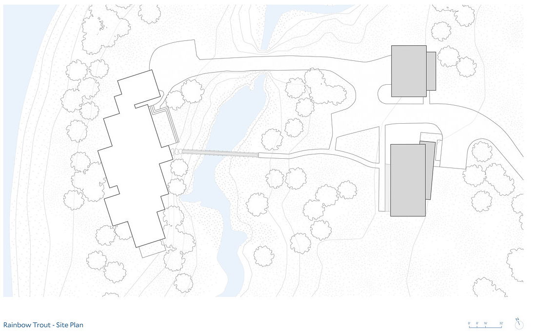 Architectural drawings of a guest house and garage that were added to a log cabin.