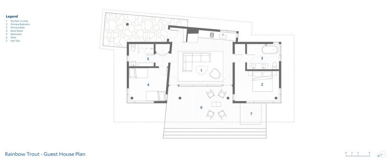 Architectural drawings of a guest house and garage that were added to a log cabin.