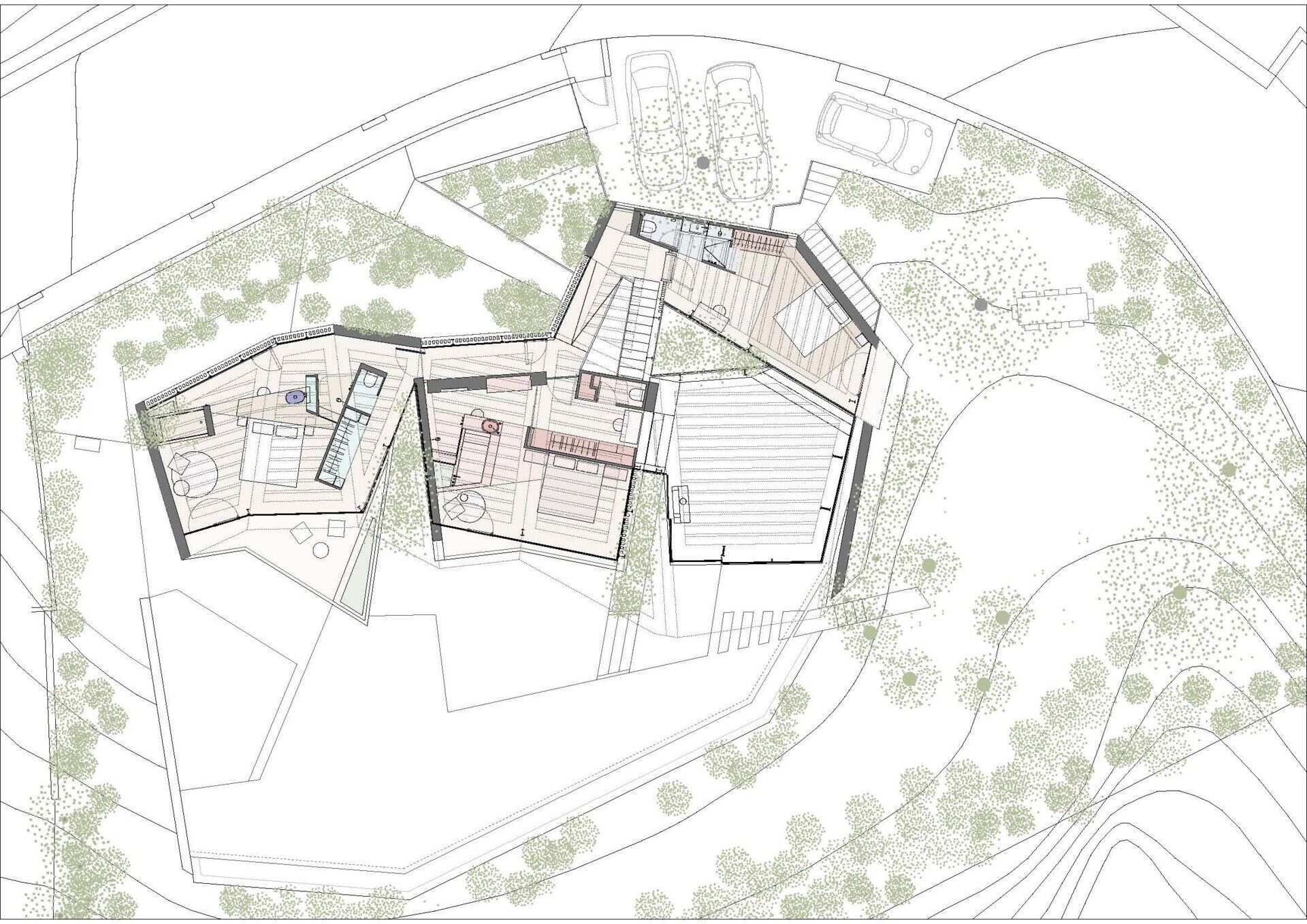 Plans of Can Tudó reveal how a single folded sheet generates the home’s geometry, mapping spaces that intertwine with nature.