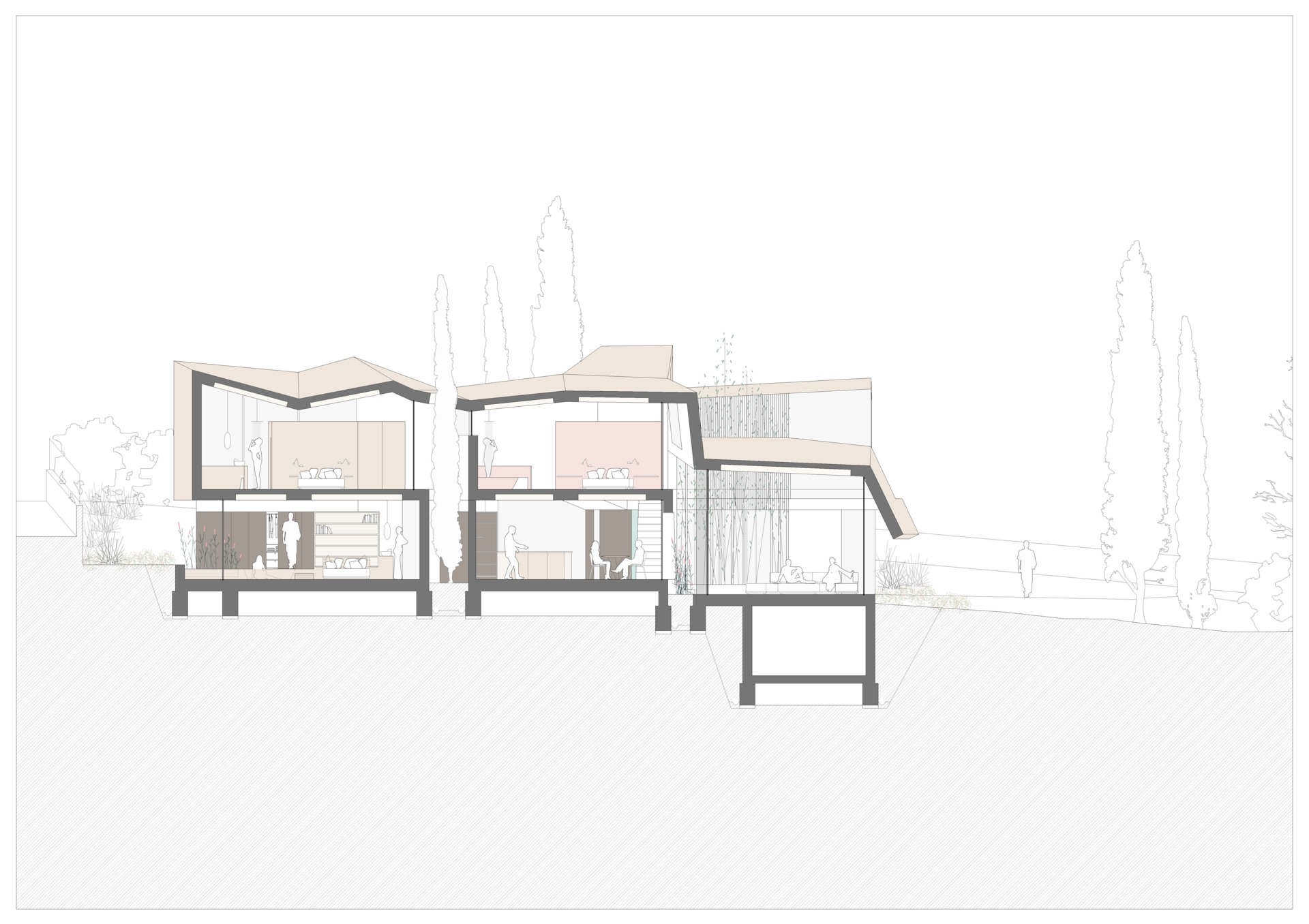 Plans of Can Tudó reveal how a single folded sheet generates the home’s geometry, mapping spaces that intertwine with nature.