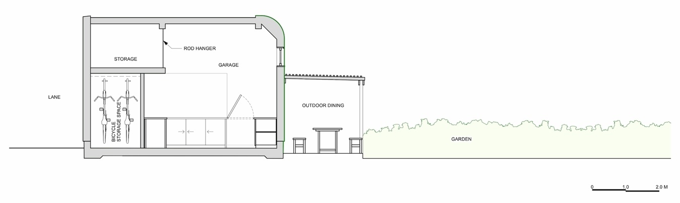 Architectural drawings for a shingle-clad laneway garage.