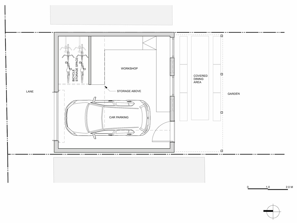 Architectural drawings for a shingle-clad laneway garage.