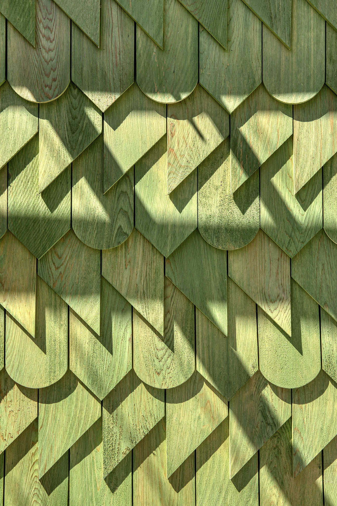 A Toronto laneway garage transformed into The Dragon, bold, playful, and full of architectural charm. It has a pergola and is covered in cedar shingles with a green pine tar finish.