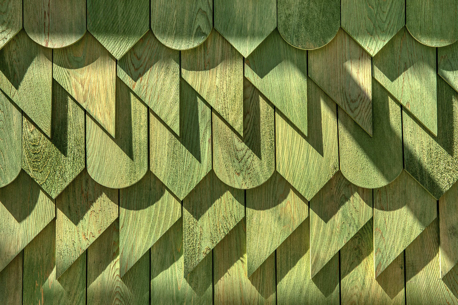 A Toronto laneway garage transformed into The Dragon, bold, playful, and full of architectural charm. It has a pergola and is covered in cedar shingles with a green pine tar finish.