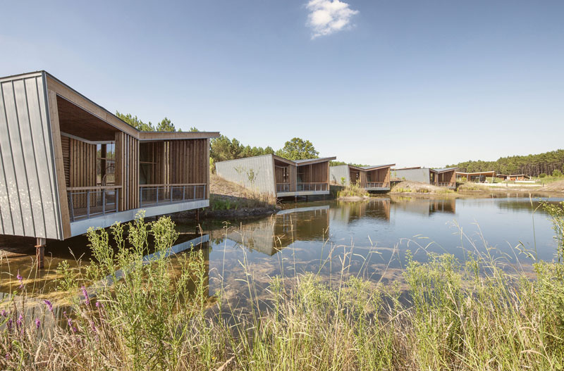 Discover Les Echasses, an eco-lodge in Saubion, France, that features 7 cabins and a small lake.