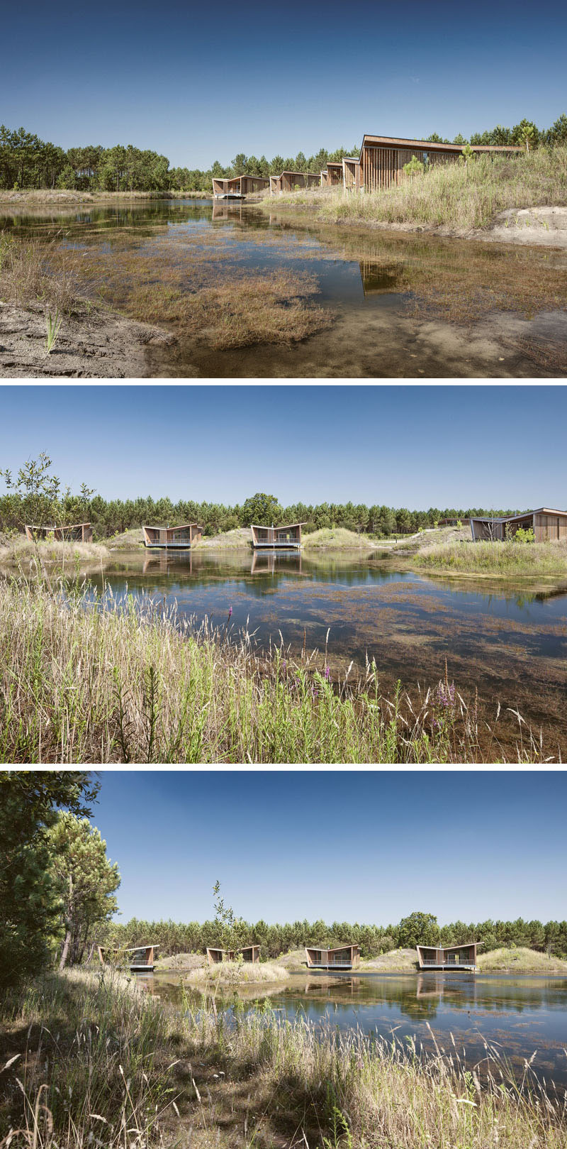 Seven wooden cabins on stilts float above the water, offering privacy, comfort, and a unique architectural design in the Landes landscape.