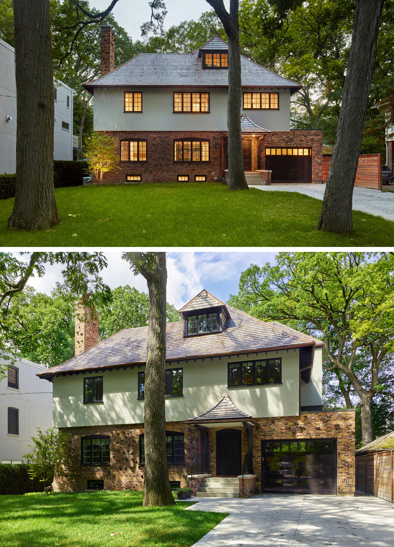 At the front, the original heritage facade was carefully reconstructed. Audax restored the brick, refreshed the stucco, and added wood trim while also integrating a new garage into the design. The peaked roof was rebuilt to mirror the original look, creating a sense of continuity with the neighborhood’s architectural rhythm.
