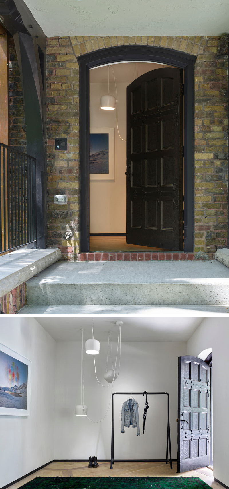 Stepping through the original front door, visitors are welcomed by a minimalist foyer. The interiors lean toward a gallery aesthetic, with high ceilings and open walls designed to showcase the homeowners’ art collection.