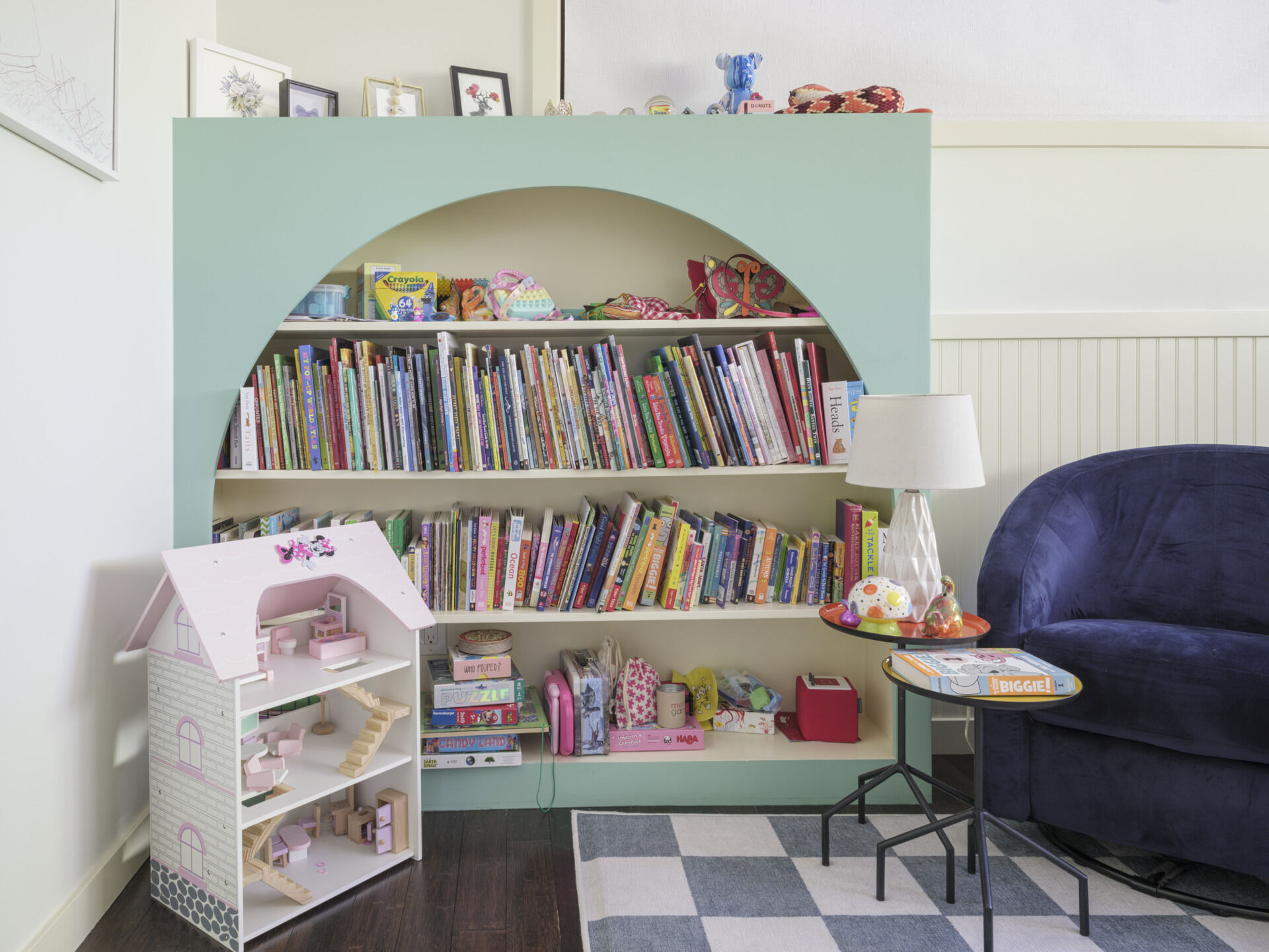 A modern playroom with a fun shelf.