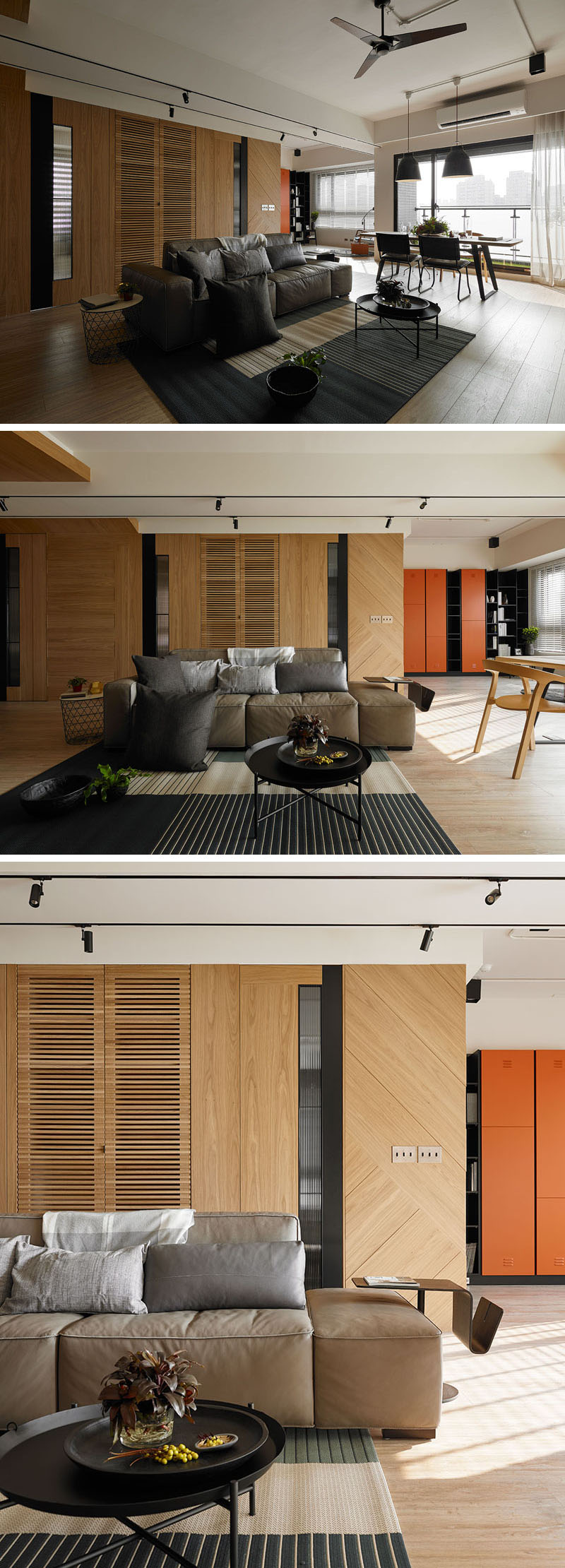 A cozy living area with hidden storage within a wood wall.