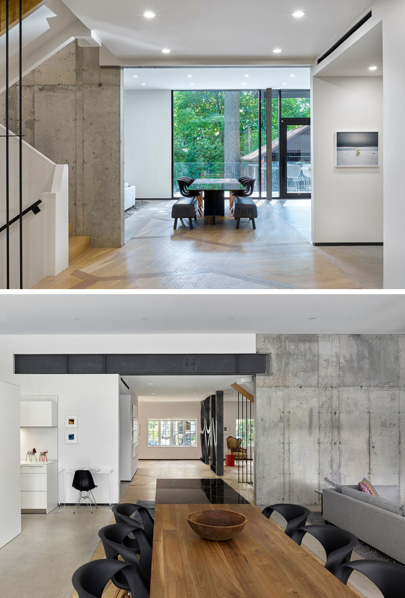 The original wood flooring flows seamlessly from the heritage section of the home into the dining area and the modern extension. On either side, polished concrete creates a striking contrast, blending traditional warmth with contemporary coolness.