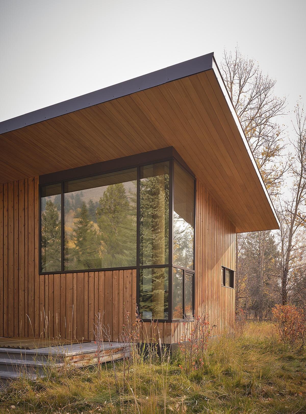 Timber curtain walls and warm plywood panels define the guest house’s modern yet inviting design.