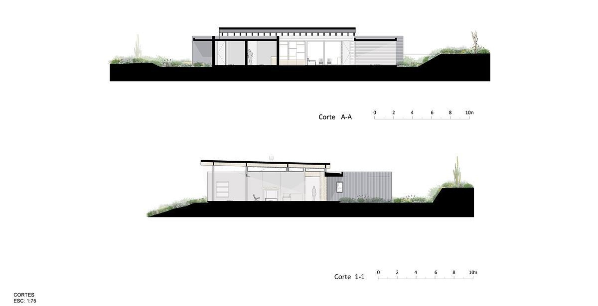 Detailed plans reveal the home’s layout, spatial flow, and connection to the surrounding landscape, highlighting the relationship between indoor and outdoor spaces.
