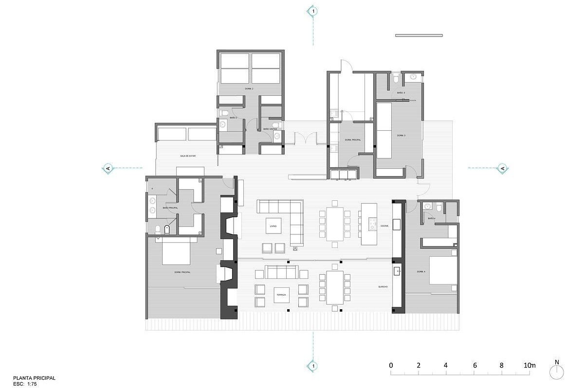 Detailed plans reveal the home’s layout, spatial flow, and connection to the surrounding landscape, highlighting the relationship between indoor and outdoor spaces.