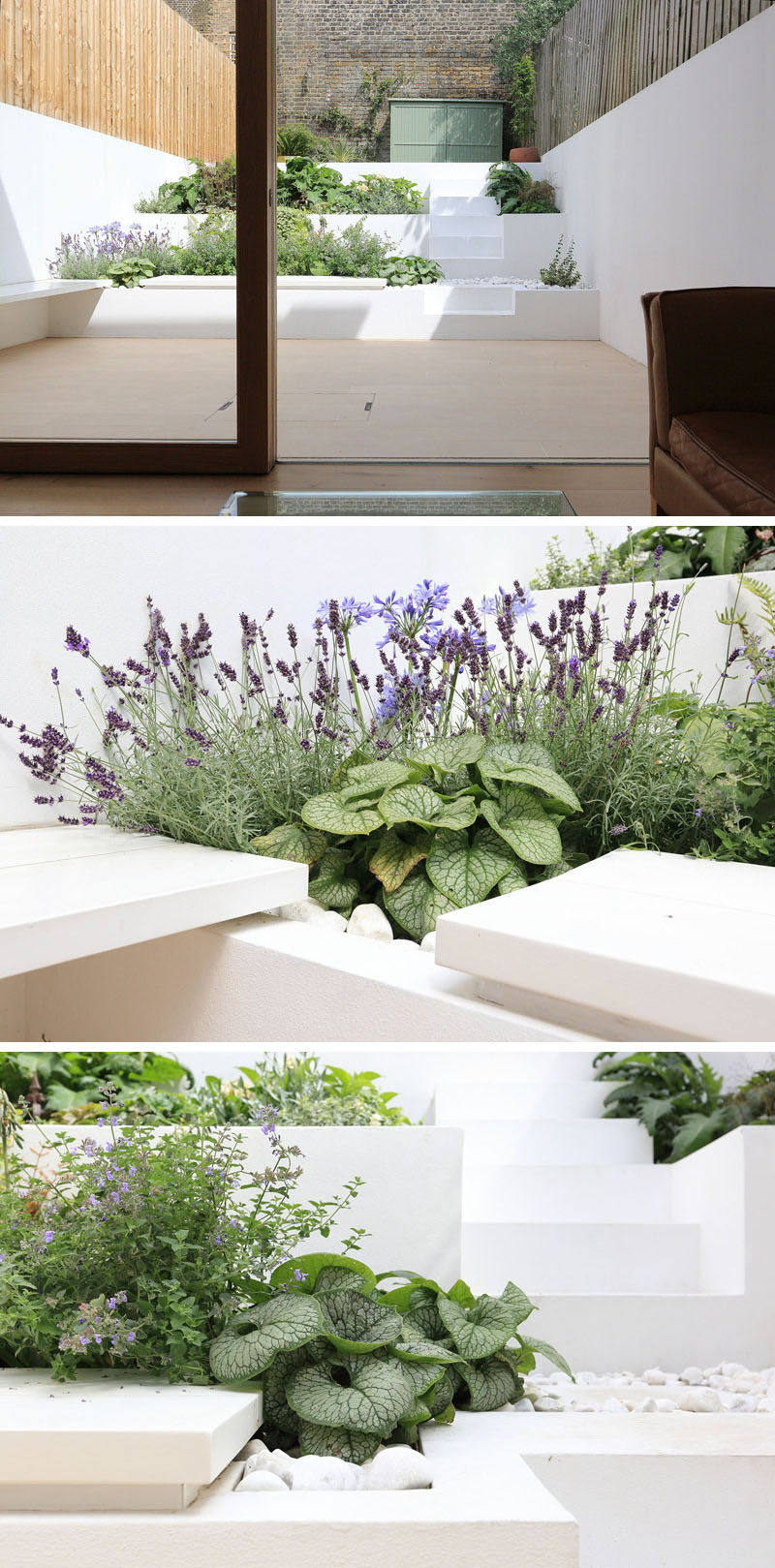 Outside this extension, the garden was transformed into a paved terrace at the same level as the interior floor. New terraced planters bring greenery back into the space while giving the garden a modern, structured feel. Steps connect the terrace with the higher section of the garden, ensuring functionality and flow throughout.