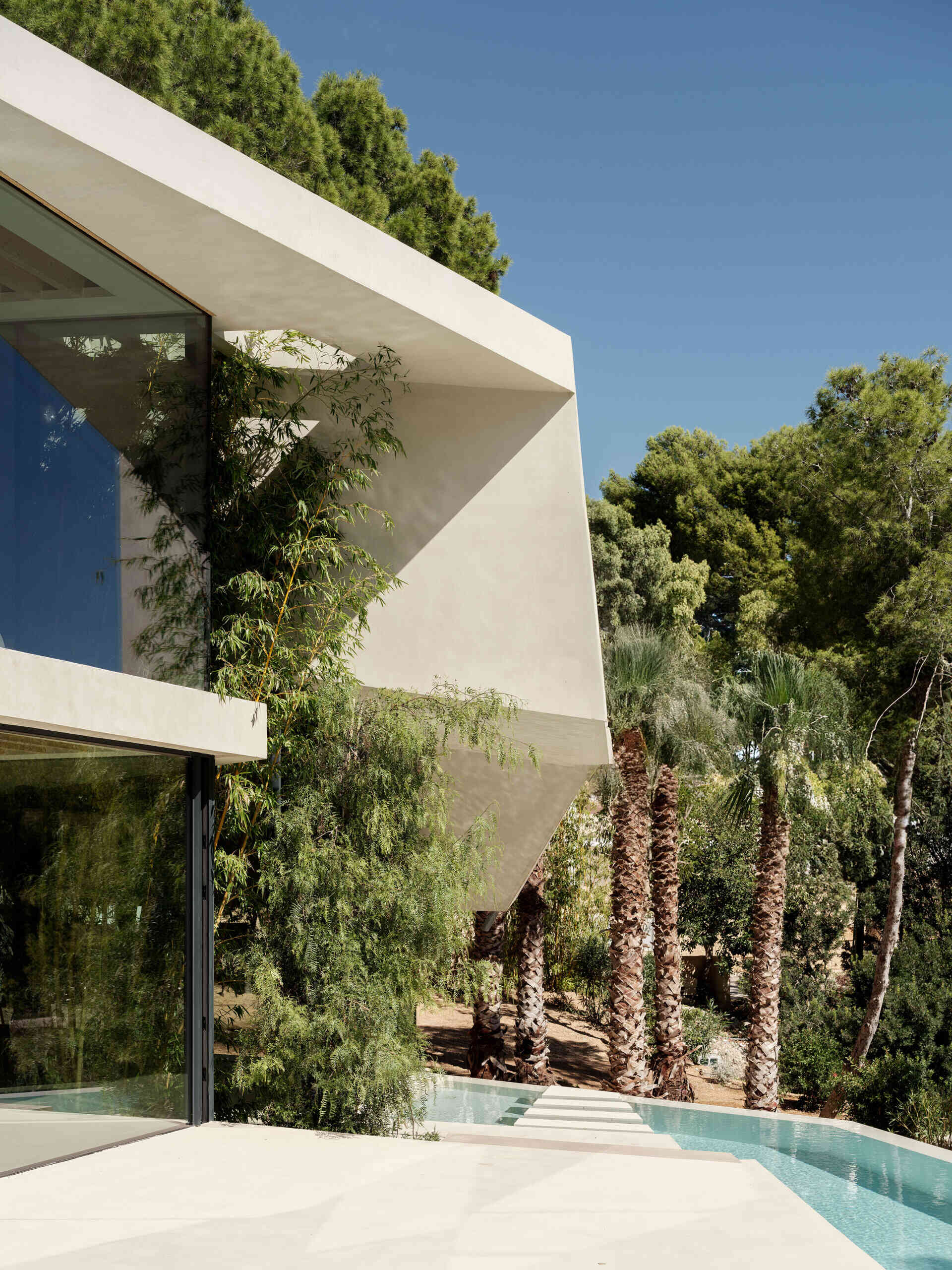 A hillside pool in Paguera frames the pine canopy and bay views, turning water and glass into a seamless extension of the home’s design.