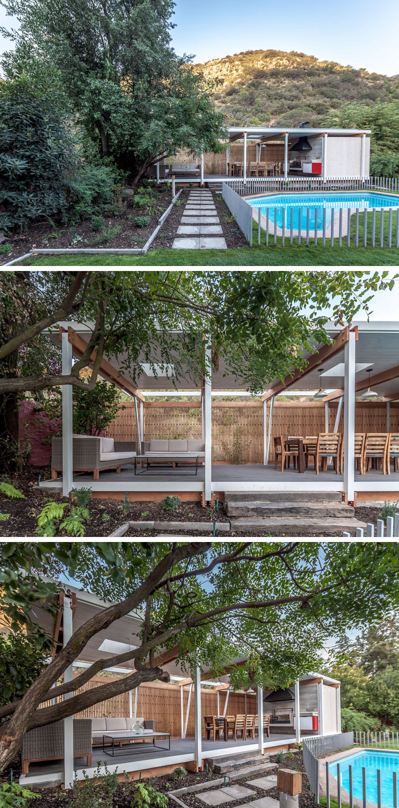 A raised stone pathway leading past the pool toward the open-air pool house creates a welcoming transition from water to architecture.