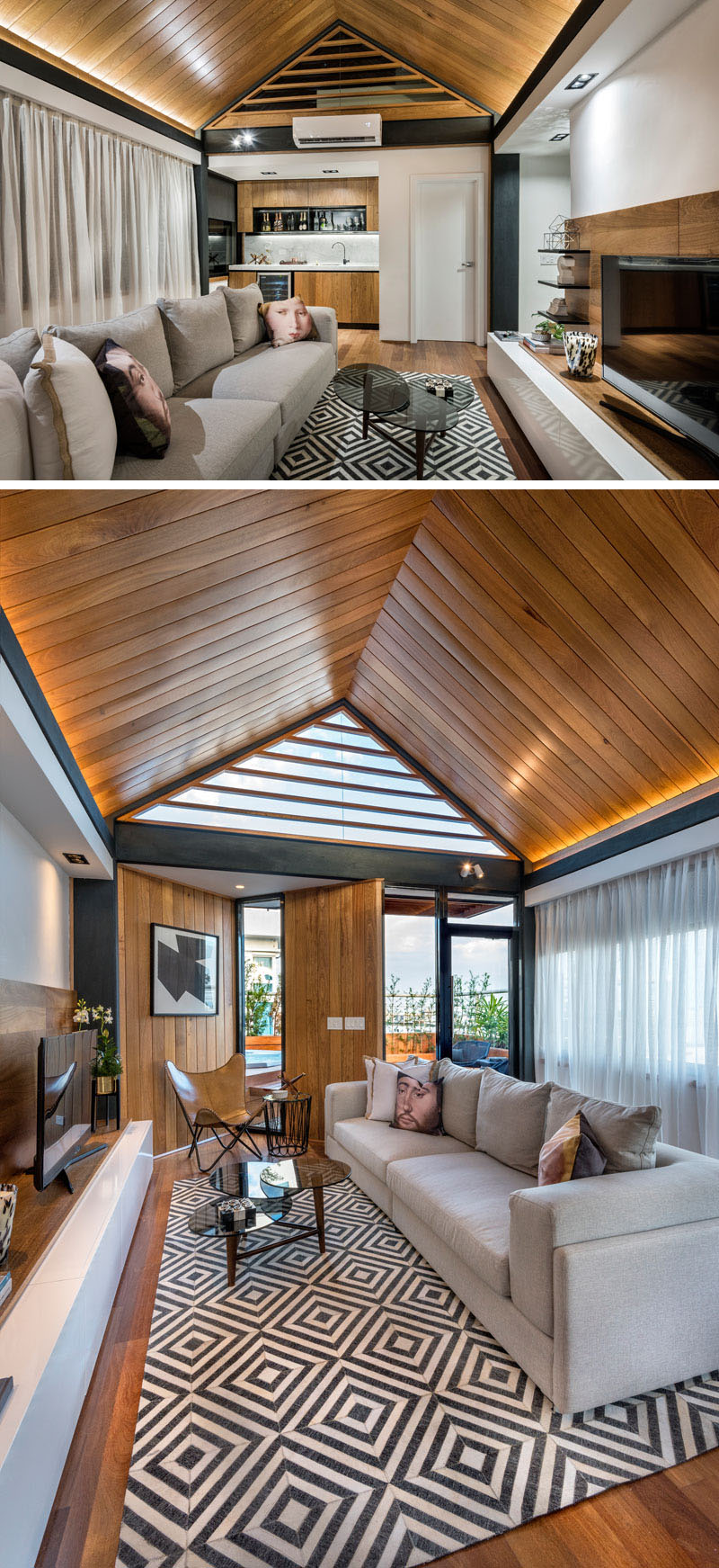 A rooftop kitchen and bar make entertaining easy, while a large couch sets the stage for cozy movie nights.