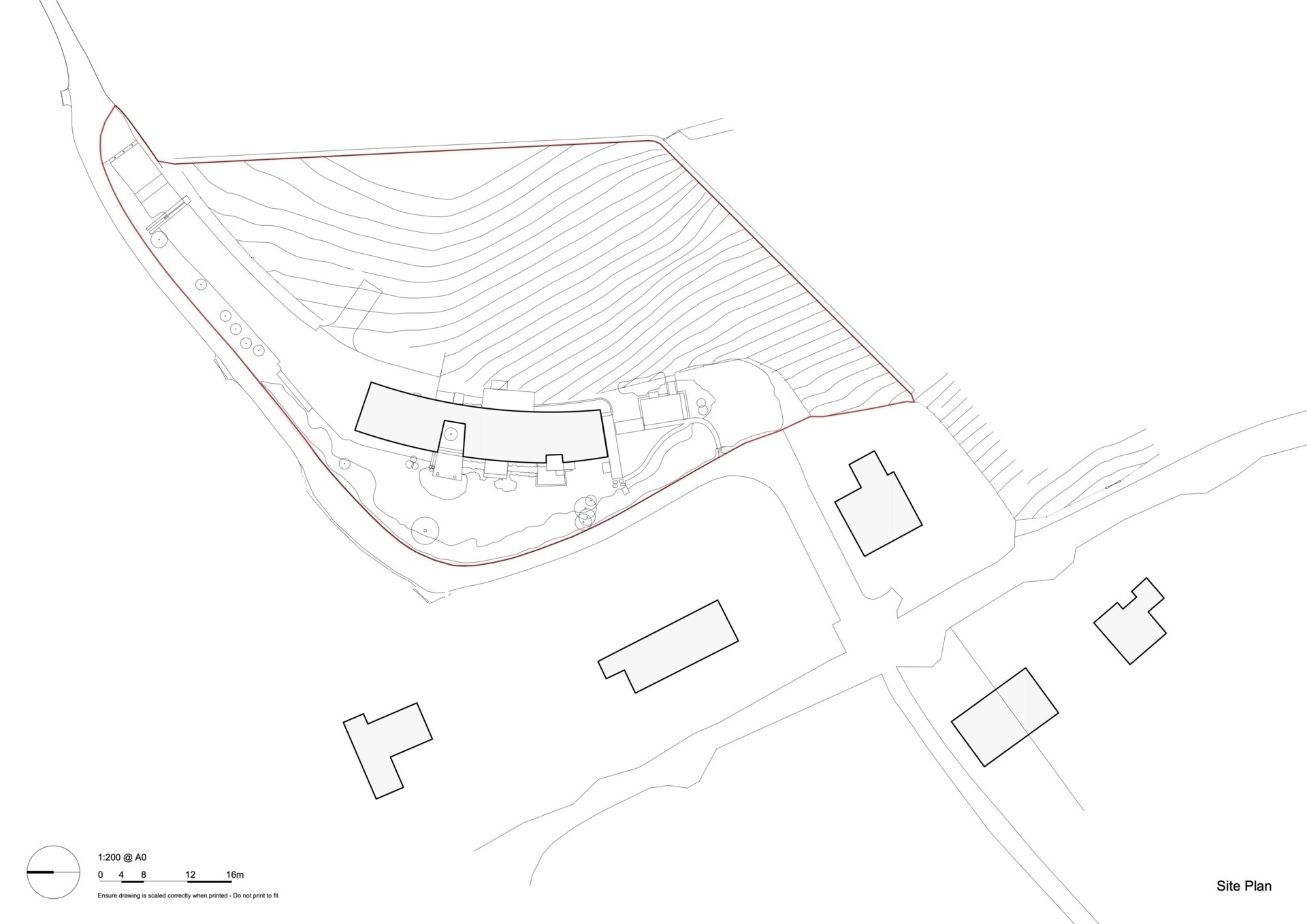 McLean Quinlan’s architectural drawings reveal the layered structure of the home, showing how it steps down the hillside and curves with the road.