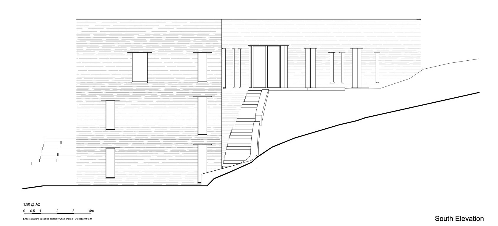 McLean Quinlan’s architectural drawings reveal the layered structure of the home, showing how it steps down the hillside and curves with the road.
