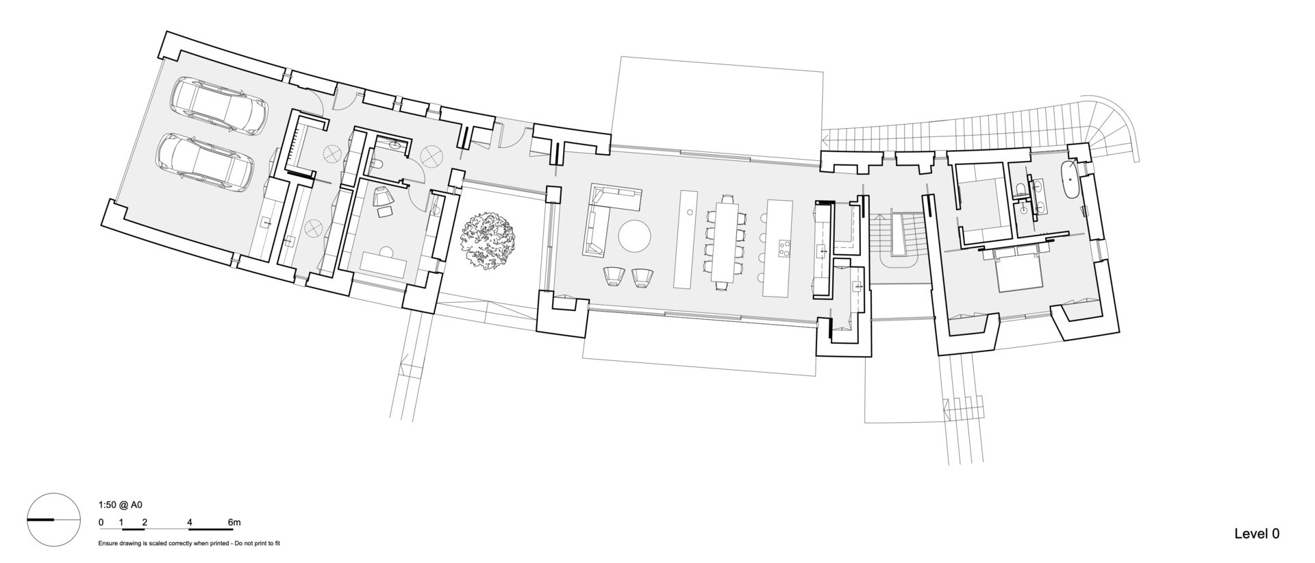 McLean Quinlan’s architectural drawings reveal the layered structure of the home, showing how it steps down the hillside and curves with the road.