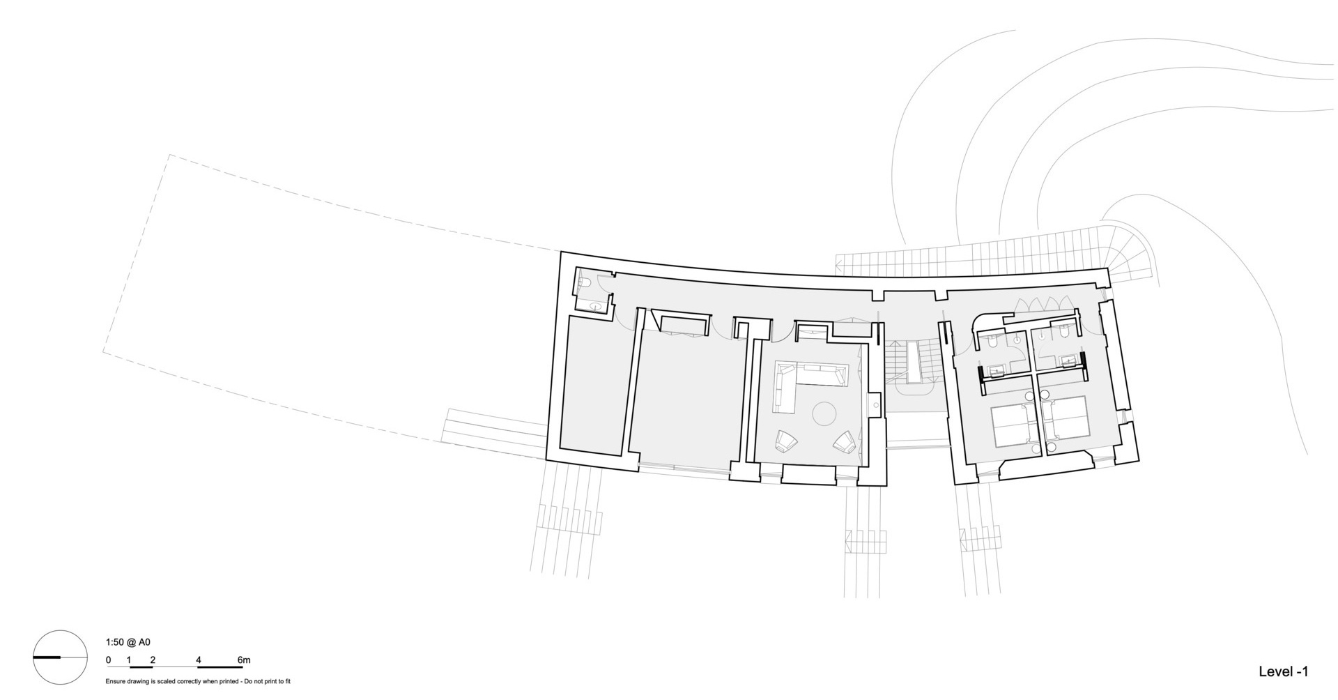 McLean Quinlan’s architectural drawings reveal the layered structure of the home, showing how it steps down the hillside and curves with the road.