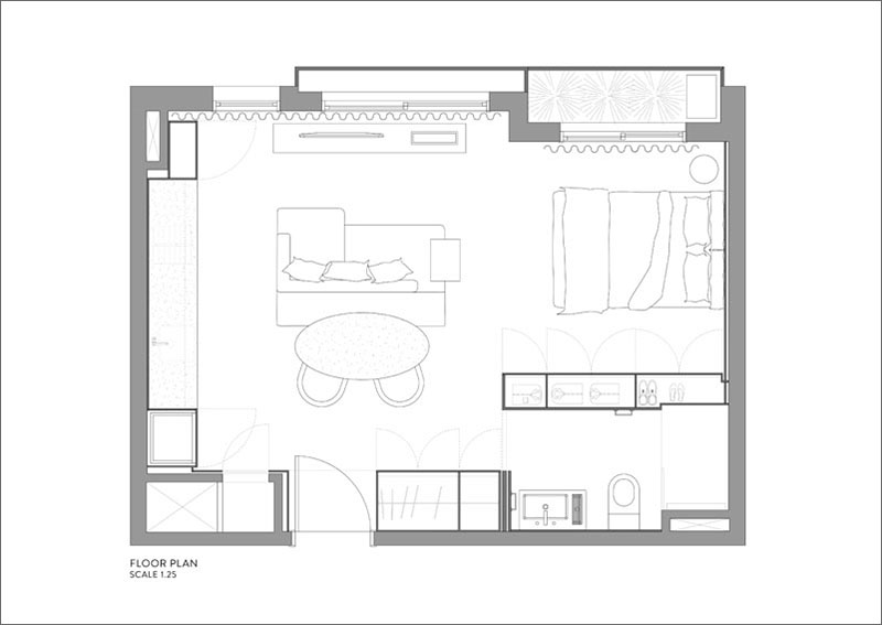 The compact layout shows how every inch of this 430-square-foot apartment was designed for flow and function.