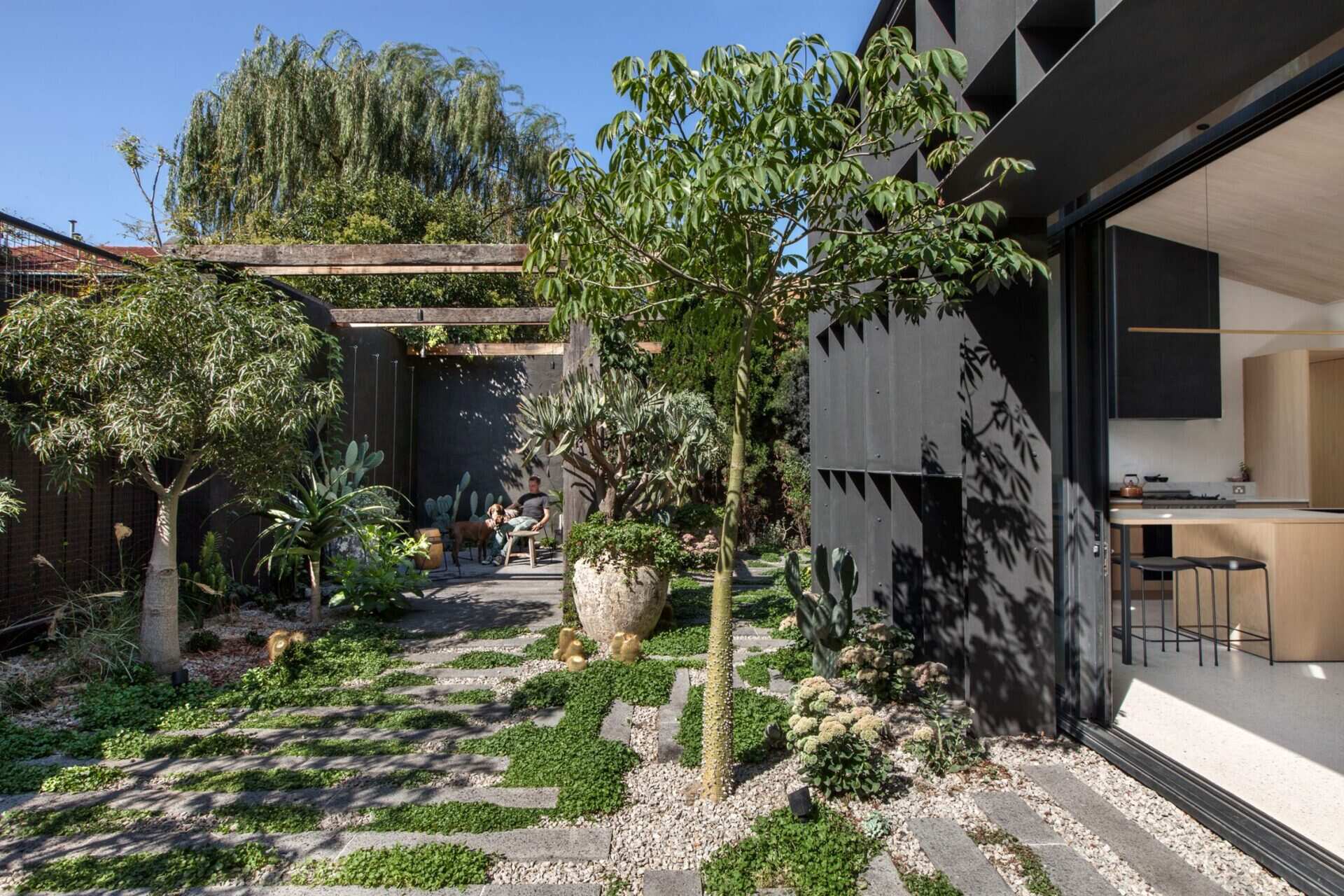 The path opens to a small pergola with a patio and seating, creating a peaceful outdoor threshold. The new pavilion’s structural steel baffle regulates sunlight while casting dramatic shadows.