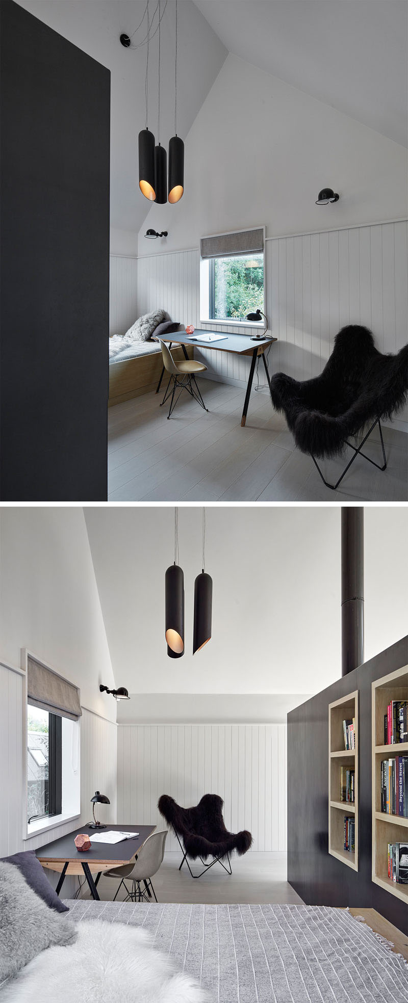 A steel-clad fireplace anchors the lounge, while a tucked-away library with a daybed creates a cozy retreat.