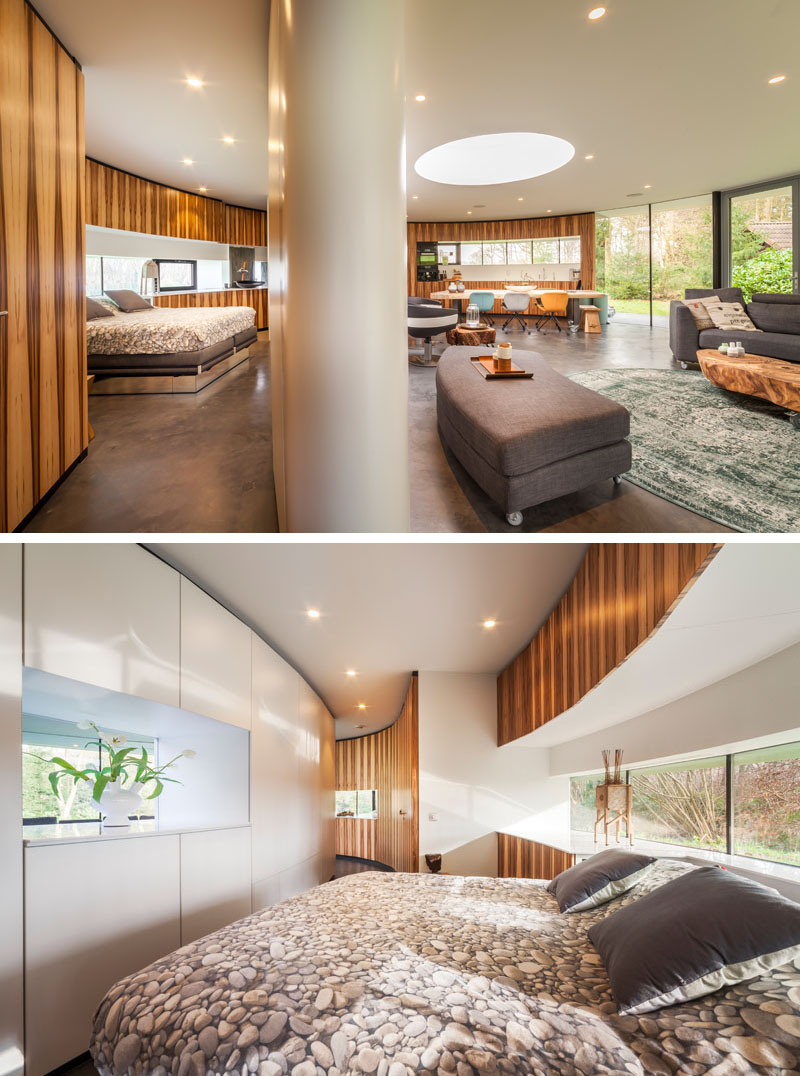 The bedroom is connected to the rest of the house but can be separated by a sliding hatch. This design allows for intimate privacy without losing the open, connected feeling central to the home.