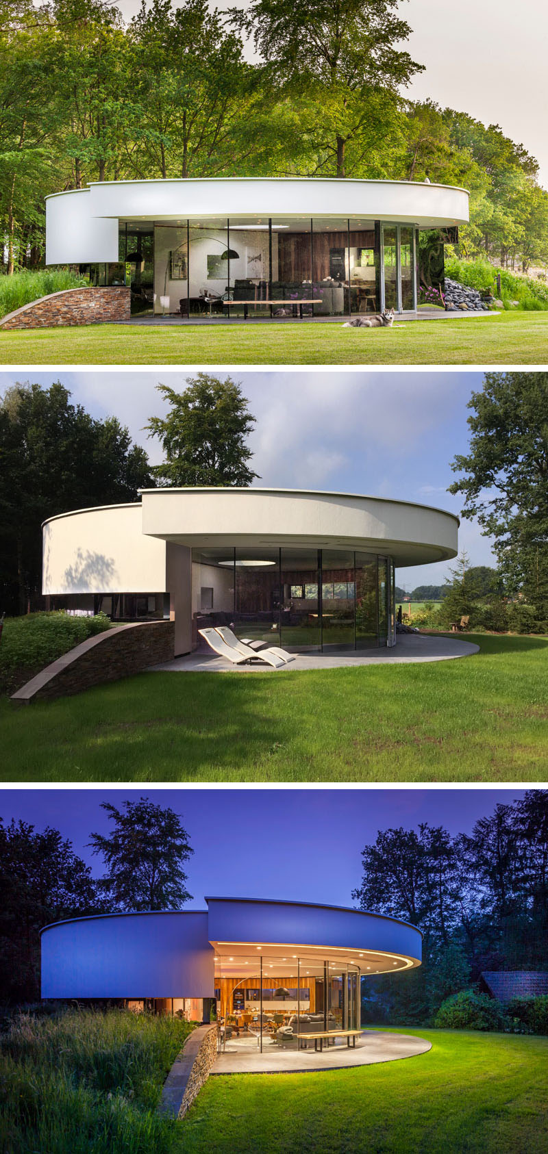Tucked into a hillside, this home’s circular shape minimizes its footprint and blends seamlessly into the forest. Circular windows wrap around half the house, while mirrored walls at each end create the illusion of endless glass. 
