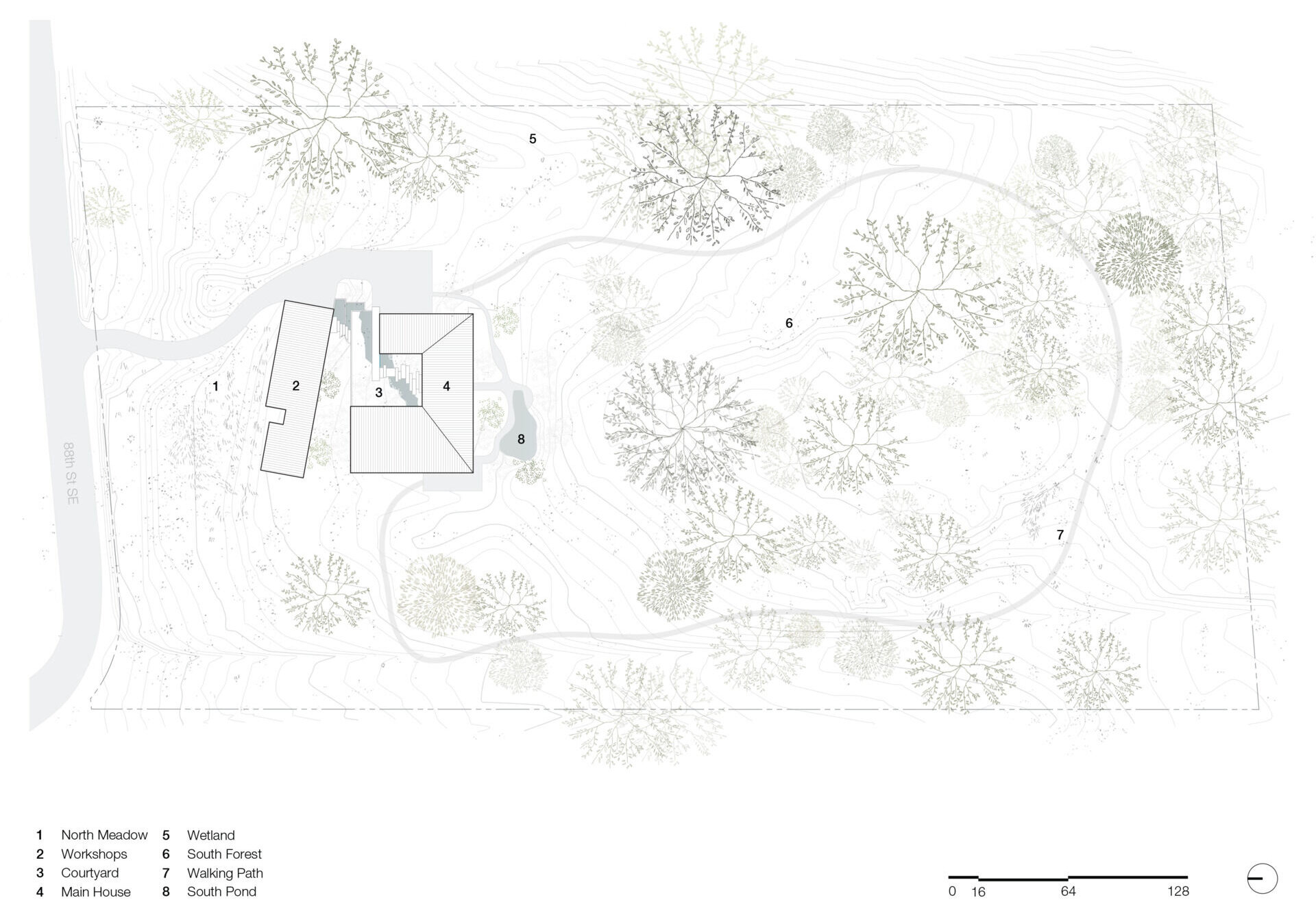 Architectural drawings for a home that features ponds, pathways, and modern design.